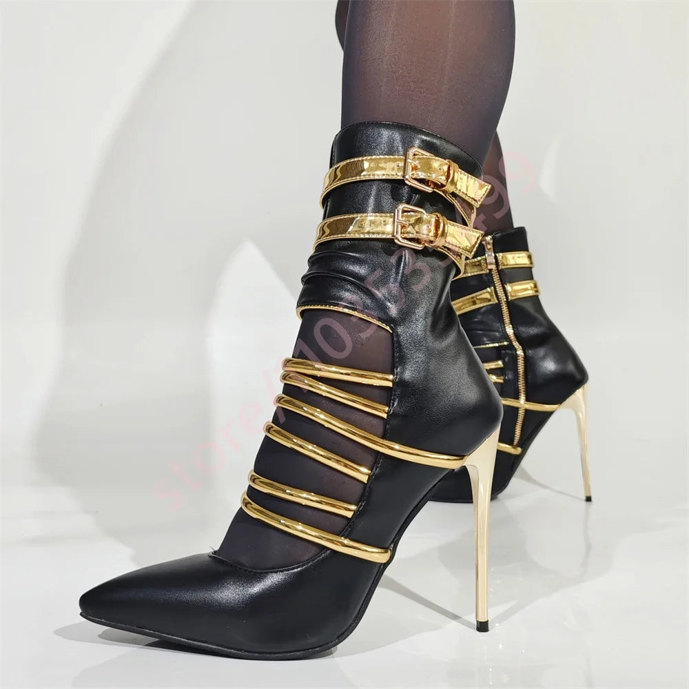 🍒Pointed toe stiletto belt buckle heels banquet shoe boots  for women short fashion footwear occasion party boots black and gold contrast Bootiful Bold Besties