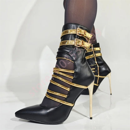 🍒Pointed toe stiletto belt buckle heels banquet shoe boots  for women short fashion footwear occasion party boots black and gold contrast Bootiful Bold Besties