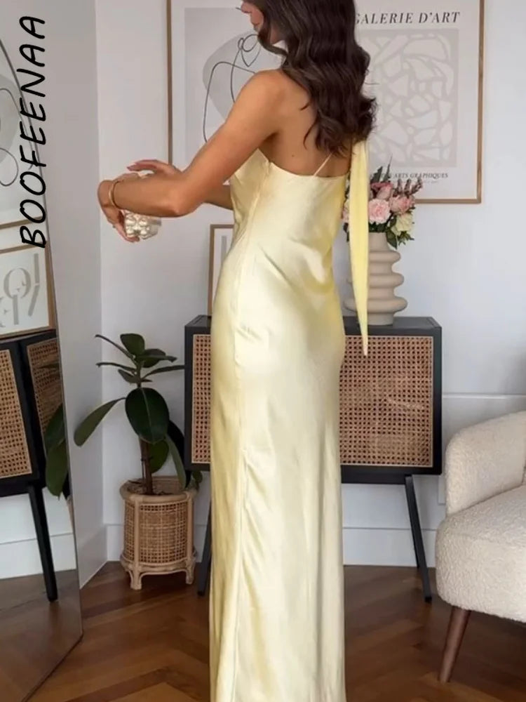 🍒Halter neck backless maxi dress one shoulder long backless outfit for women elegant yellow satin party wear occasion wear This Yellow Tulip Is Ready For Picking