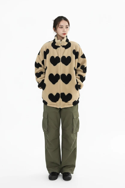 🍒Fashion Stand-up Collar OutwearFaux lambswool fur jacket women's warm coat autumn winter outerwear for women heart print stand collar coat Ya Hearts Printed On This