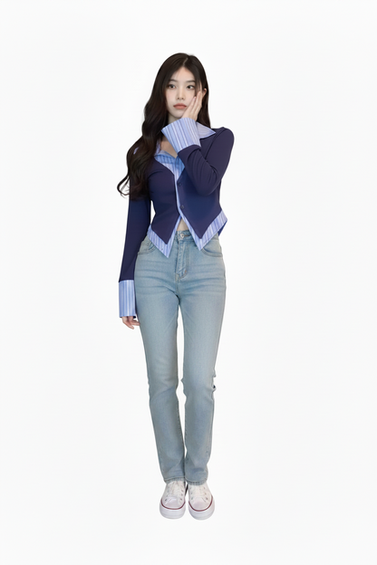 🍒Button up women's shirt top full sleeve womens blouses striped cropped shirt aesthetic elegant social chic fashion clothes