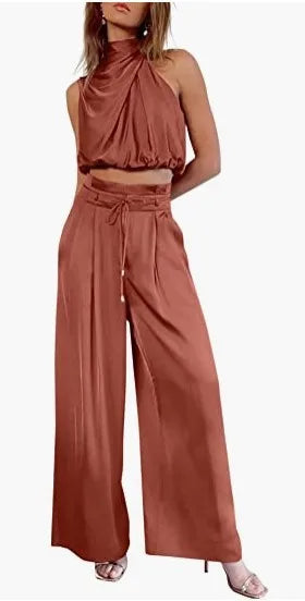 🍒Tweedelige broekpakke vir vroue oop naeltjie-uitrusting, syerige moulose tops en wye pypbroeke, slim gemaklike drag, somermode, klubdrag, partytjie-geleentheidsdrag, 2-stukstelle, trek hierdie GEKNIPTE top aan en wees GEREED vir WYE goedkeuring