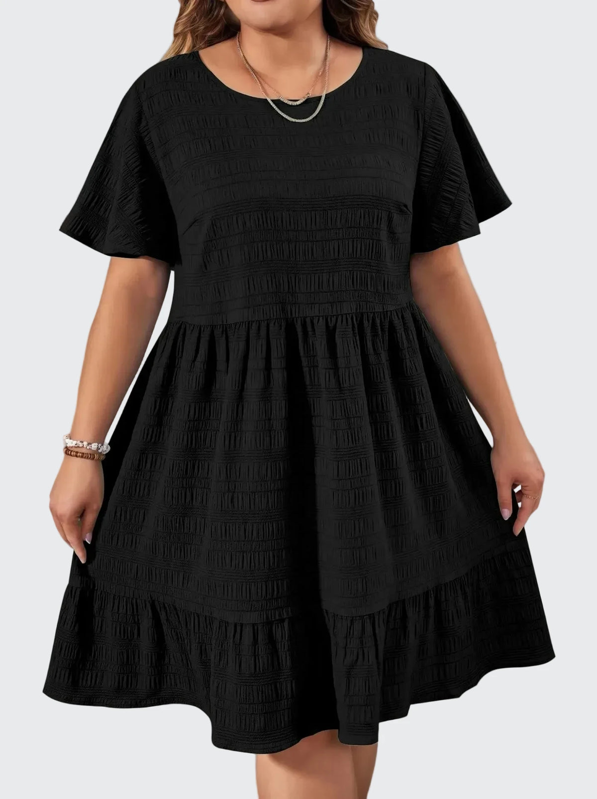 🍒Short sleeve dress plus size fashion over knee outfit round neck short sleeve frilled  fashion wear loose casual cheese cloth clothing women   Cheese Ease