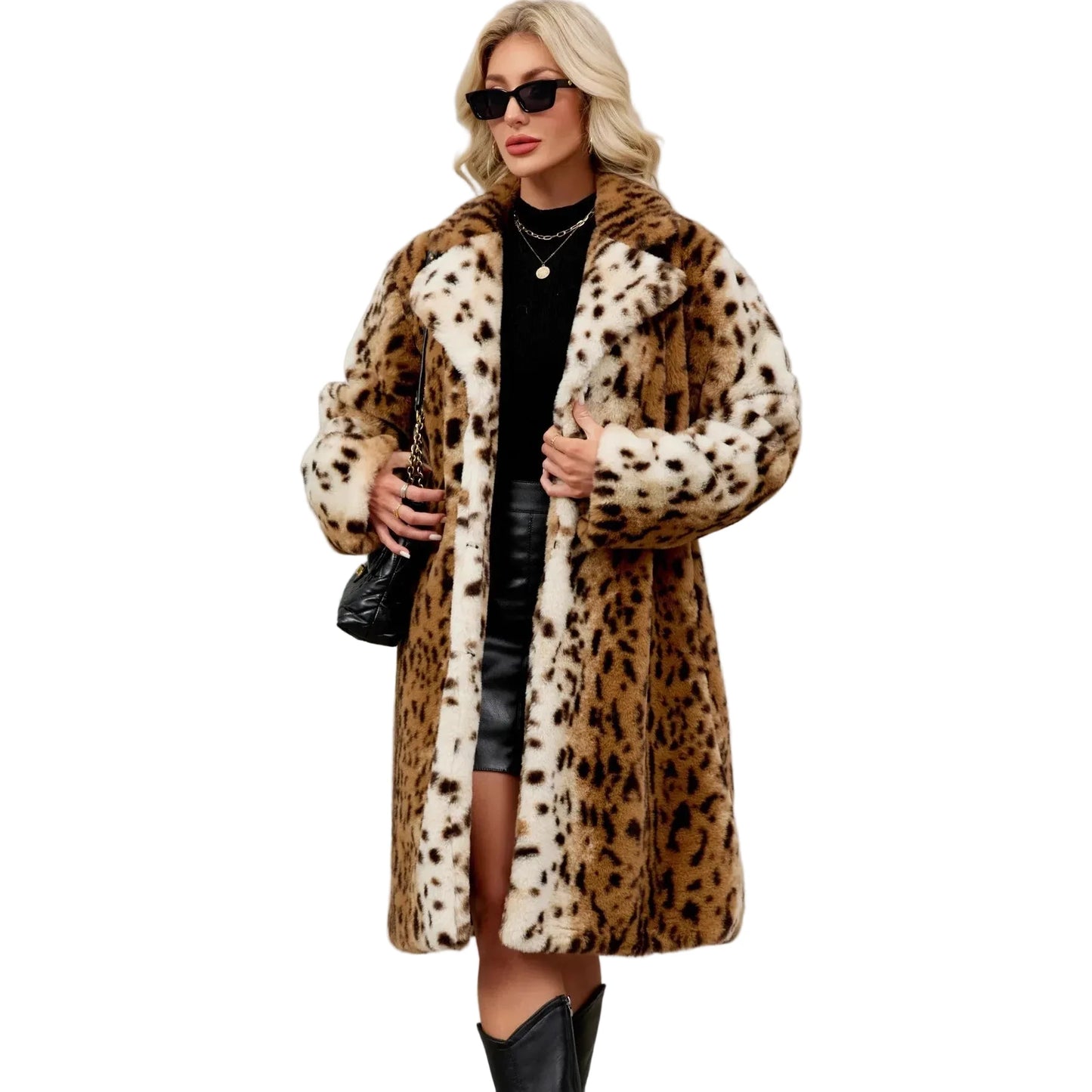 🍒Faux fur coat leopard long Jacket with lapel animal print outerwear fashion long sleeve overcoat women single breasted straight fit smart casual autumn winter wear Animate Your Style