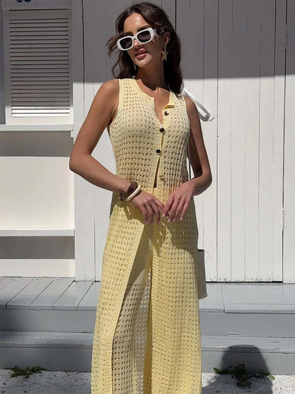 🍒Knit dress set womens summer wear mesh long cardigan cover up dress plus knitted high waist pants 2 piece set casual wear beach wear Cheerful Chalks