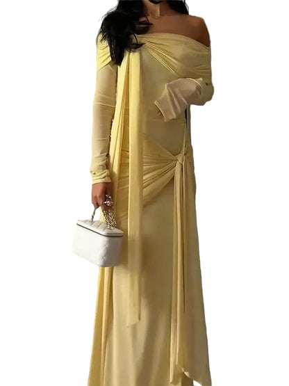 🍒Solid pleated off shoulder maxi dress elegant summer clothes women long sleeve party dress chic occasion wear Get Sun Drenched