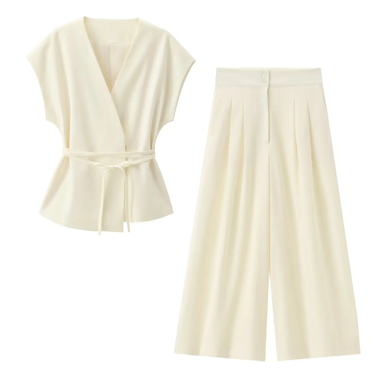 🍒Trouser suits for women sleeveless v-neck top with belt and straight pants wide leg sets spring summer clothing smart casual clothes party occasion wear two piece Two Piece Ease