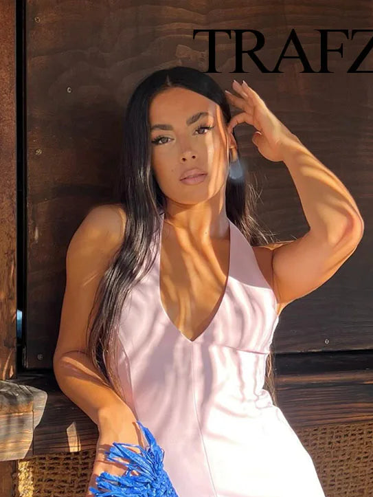 🍒Fashion dress solid v-neck solid mini dress sleeveless backless for women female fashion summer wear beach wear style