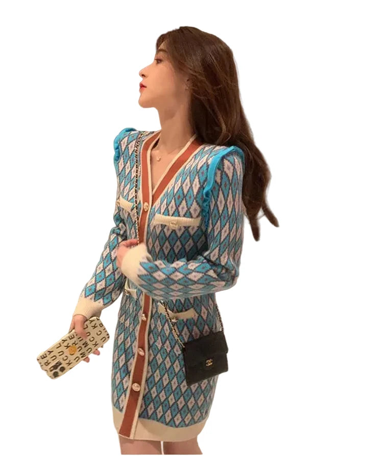 🍒Knitted dress for women v- neck autumn winter fashion french style clothing smart casual female outfit women diamond checkered clothing Playout Plaids