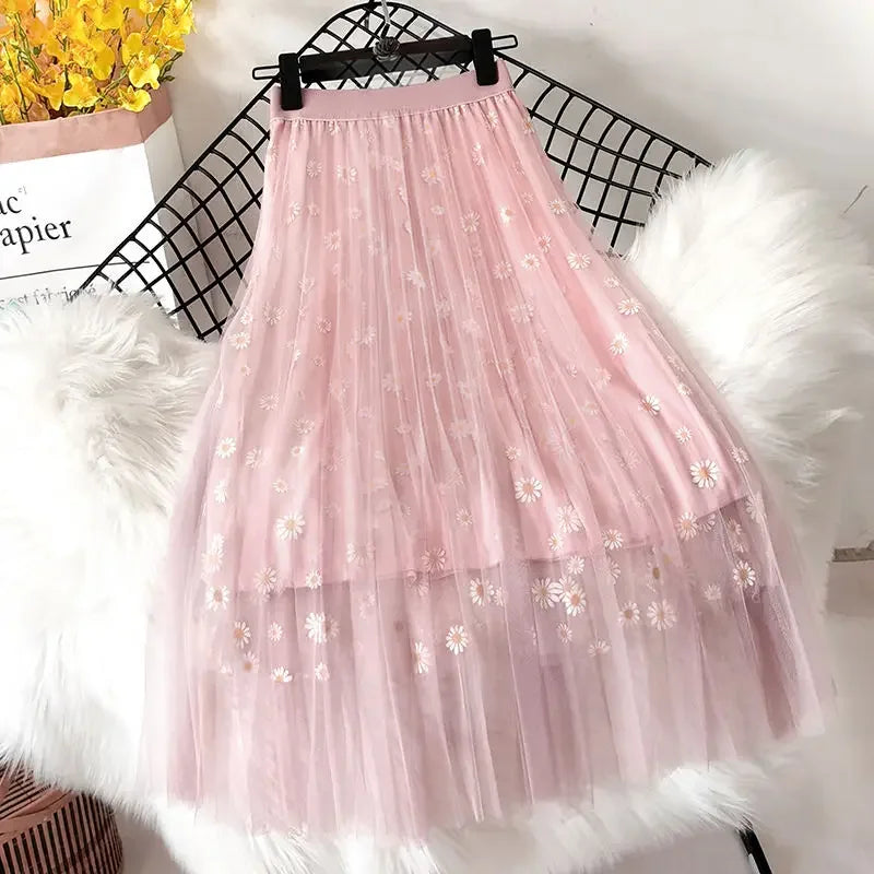 🍒甜美少女半身裙女士淑女时尚智能休闲服装 花卉夏季穿着网纱中长款 经典百搭优雅时尚魅力 场合穿着 网纱 这个网纱