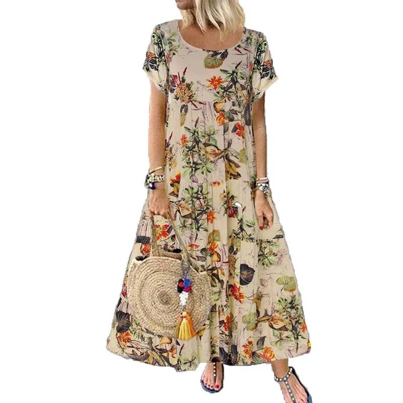 🍒Women's round neck short sleeve dress loose waist linen A-Linen out fit maxi length casual summer wear floral fashion Flattering Floral