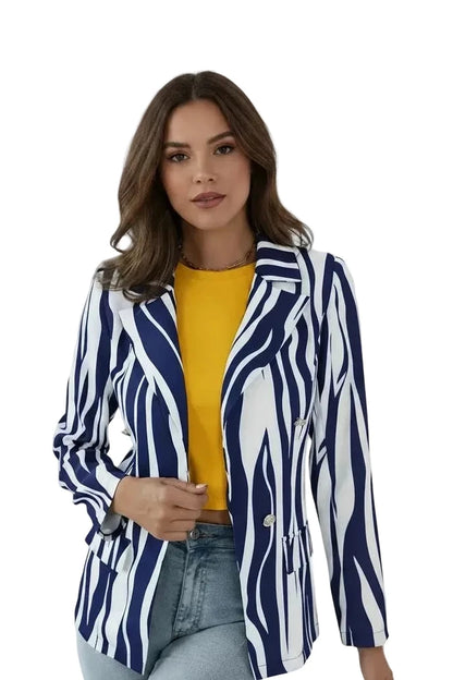🍒Vintage striped blazer three quarter sleeve suit jacket women’s long sleeve double breasted jacket commuter smart casual outer wear plus size fashion striped clothing Stripe Lucky