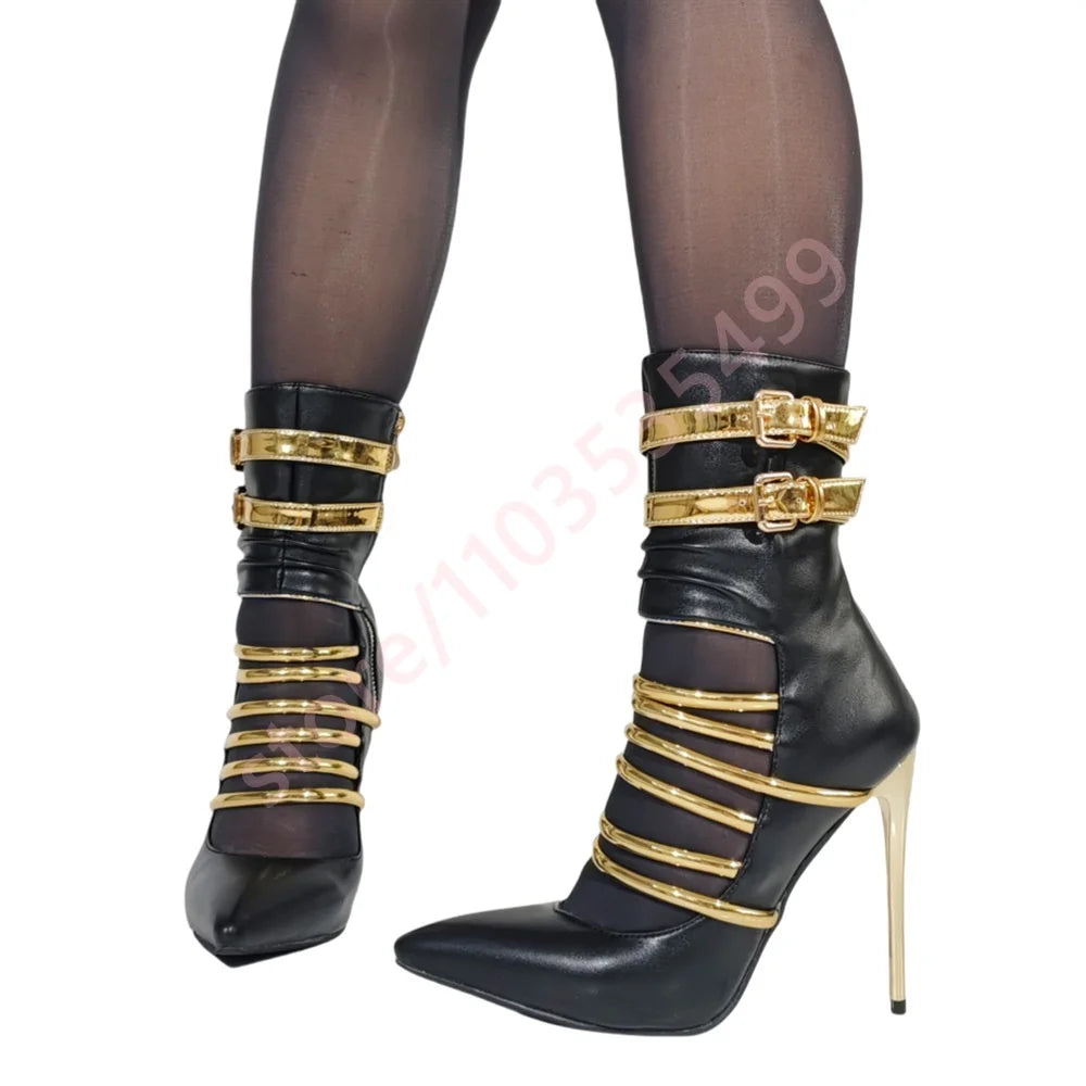 🍒Pointed toe stiletto belt buckle heels banquet shoe boots  for women short fashion footwear occasion party boots black and gold contrast Bootiful Bold Besties