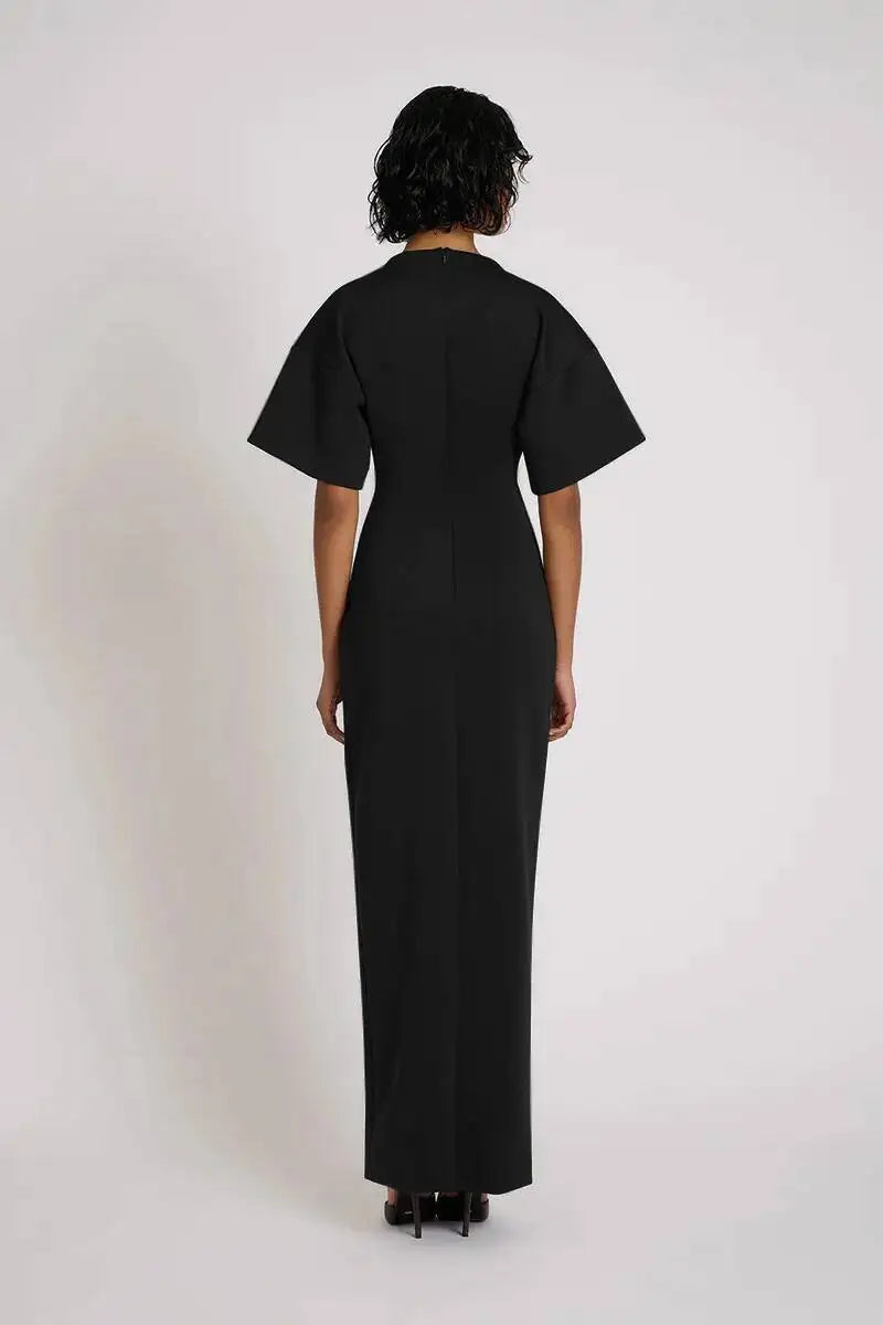 🍒Short sleeve maxi dress  ruched outfit brown women side split occasion dress with belt metal fashion o-neck club party wear occasion white long dresses Paint The Town Red In Brown