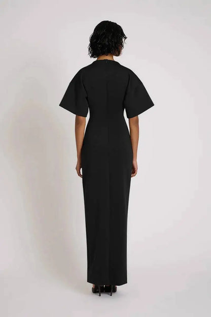 🍒Short sleeve maxi dress  ruched outfit brown women side split occasion dress with belt metal fashion o-neck club party wear occasion white long dresses Paint The Town Red In Brown