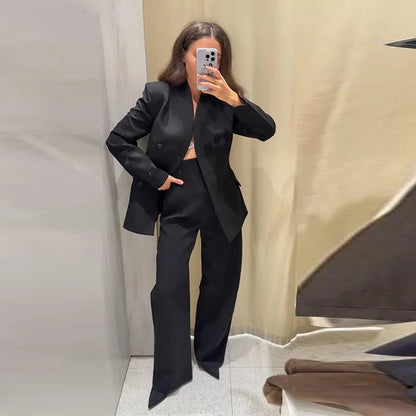 🍒Casual black blazer and pants set long sleeve jacket with fitted waist and long kick flare solid straight pant set women spring autumn suits  ‘Well fit
