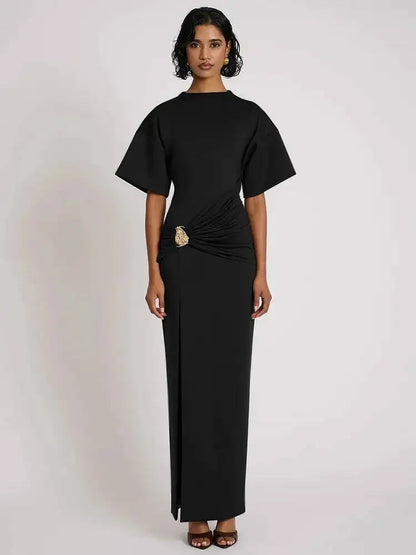 🍒Short sleeve maxi dress  ruched outfit brown women side split occasion dress with belt metal fashion o-neck club party wear occasion white long dresses Paint The Town Red In Brown