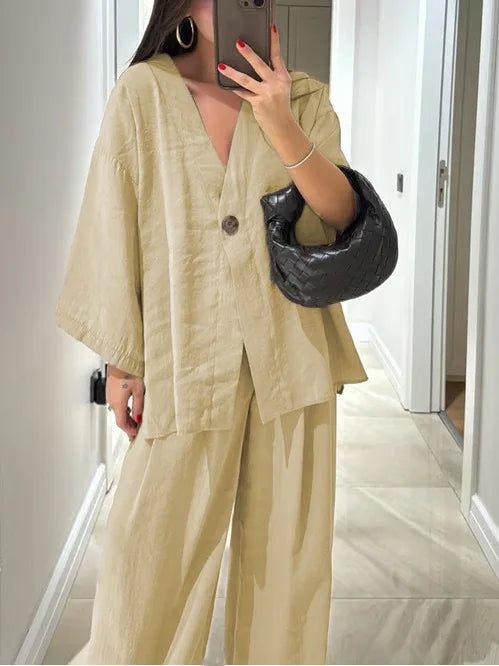 🍒Informele broekpak vir vroue, elegante langmou-uitrusting, enkelkleur wyebeenbroek en baadjie-stel, lente somer mode los tweestuk-partytjie-pajamas