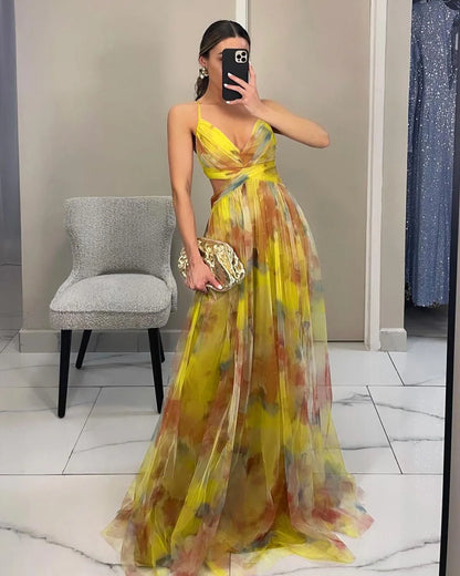 🍒Mesh evening dress spaghetti straps off shoulder vacation fashion outfit for summer party v-neck dress high waist backless occasion wear Mingle In A Mesh