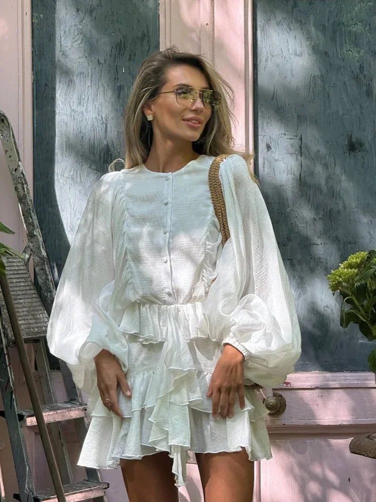 🍒Rondehals langmou minirok gelaag met romp elegante soliede klere vir vroue, rofrokke, enkelbors, sjiek modestraatklere, Poeffrokke, Somervroue.