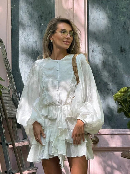 🍒Rondehals langmou minirok gelaag met romp elegante soliede klere vir vroue, rofrokke, enkelbors, sjiek modestraatklere, Poeffrokke, Somervroue.