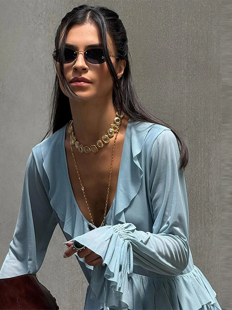 🍒Two piece set ruffled layered blouse shirt top for women plus  long skirt flared sleeves lace up v-neck pleated satin shirt loose feminine fashion wear summer out fit occasion wear party wear Relaxed Ruffles Get A slinky Blue Hue To wear To That Do