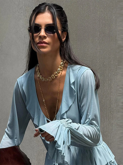 🍒Two piece set ruffled layered blouse shirt top for women plus  long skirt flared sleeves lace up v-neck pleated satin shirt loose feminine fashion wear summer out fit occasion wear party wear Relaxed Ruffles Get A slinky Blue Hue To wear To That Do
