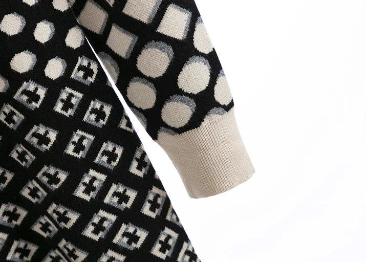 🍒Vintage knitted dress long sleeve mini o-neck spring/autumn Jacquard a-line outfits slim fit smart casual womens clothing breathable viscose Value Vintage
