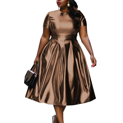 🍒A-lyn blink rok metaal kortmou midi vir vroue plusgrootte uitrusting met pasvorm en wye soom elastiese rok slim gemaklike klere Somer Stunner