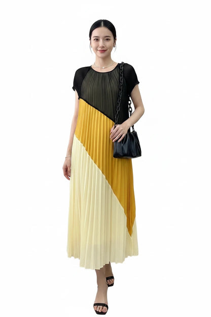 🍒Mid length dresses for women casual outfit short sleeve smart three-residence series round neck clothes fashion pleated loose waist summer wear Angle To A Diagonal