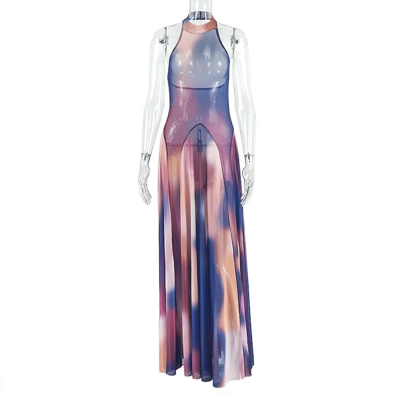 🍒Gradient dress halter neck  occasion partywear clothing sleeveless backless outfits for women pleated a-line long dress, Graceful Gradient
