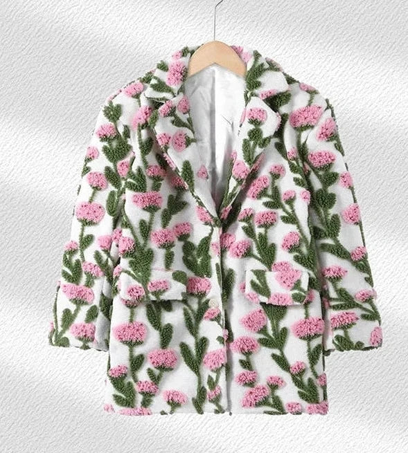 🍒Flower fleece jacket woman loose lapel long sleeve coat single breasted casual coat unique 3D floral outerwear clothing  Floral Fashion Fun Fleece