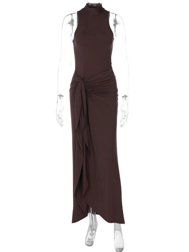 🍒Turtle neck sleeveless maxi dress pleated skirt draped outfits special occasions women irregular hem fashion clothing uthigh high split club wear party wear for women