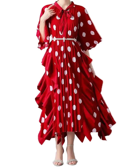 🍒Dress with polka dots simple pleats and ruffled edges summer outfit looks long loose fit smart primted casual wear loose Fit clothing and Slimming Effect  party occasion clothing Lucky You Spotted this Spot