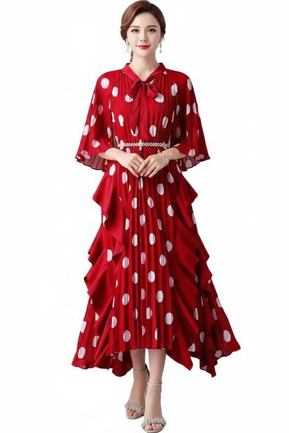 🍒Dress with polka dots simple pleats and ruffled edges summer outfit looks long loose fit smart primted casual wear loose Fit clothing and Slimming Effect  party occasion clothing Lucky You Spotted this Spot