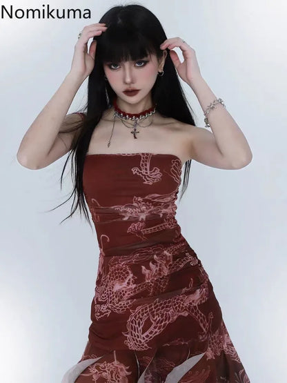 🍒Womens print chiffon dress party occasion wear sleeveless outfit women summer wear clothes Irregular fashionwear Relax In Red Rebel