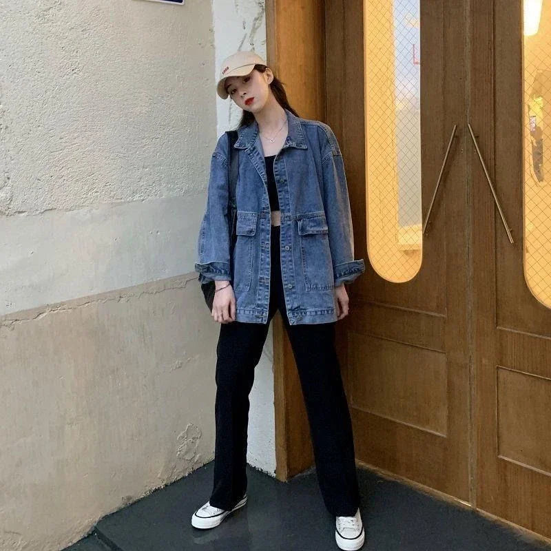 🍒Vroue-denimbaadjie met langmoue Jeansbaadjie met groot sakke Bf unisex knoop-oorbaadjie gemaklike klerasie Do Your Day Denim