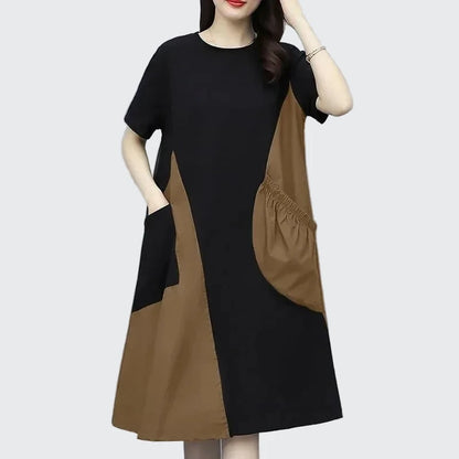 🍒Street style fashion dress t-shirt style short sleeve round neck outfit smart casual women's patchwork and pocket summer wear Patch Up Your Fashion And pocket the Change
