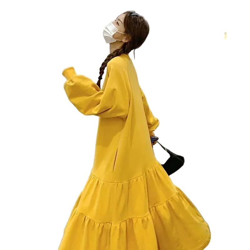 🍒Oversized dress solid color loose outfit long sleeve maxi fashion for women o-neck a-line outfits casual wear Feel Good Tiers Of Joy