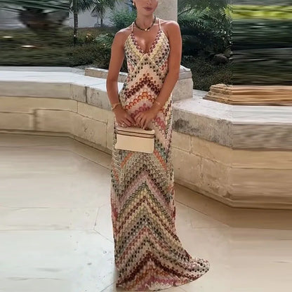 🍒Multi coloured backless dress sleeveless beachwear v-neck halter maxi vacation outfits for women high waist smart casual wear for women