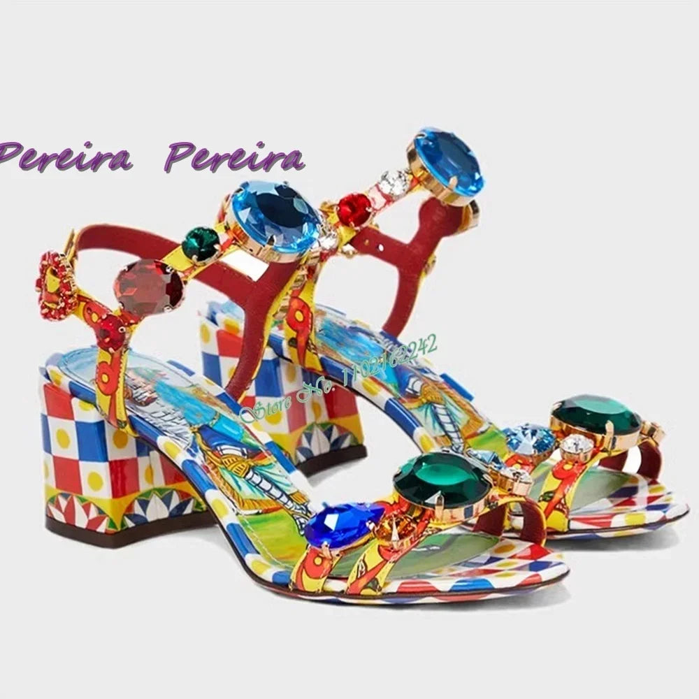 🍒Womens gem stone sandals classic colourful heels crystal open toe shoe chunky heel buckle strap high heels flower shoes designer footwear for women dress party shoes Gem Of A Shoe