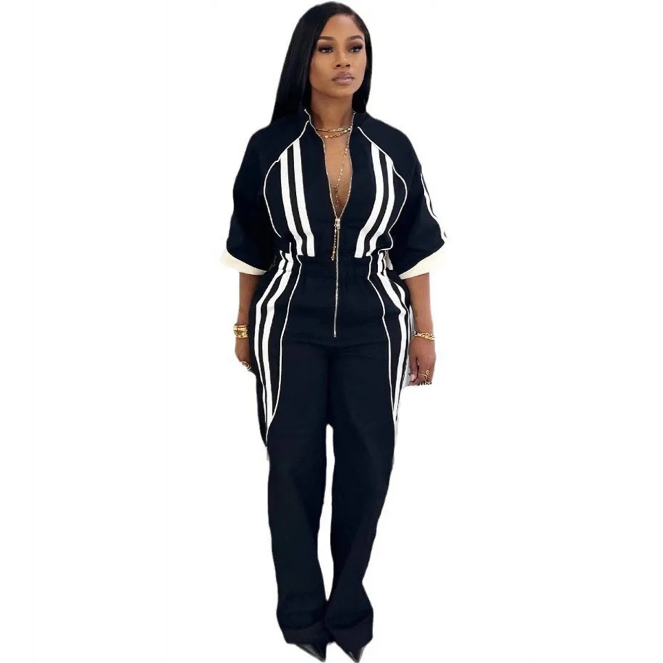 🍒Women Jumpsuits 3/4 sleeve stripe loose fashion rompers wide leg pants one piece trousers for women smart casual summer clothing Sport Stripes