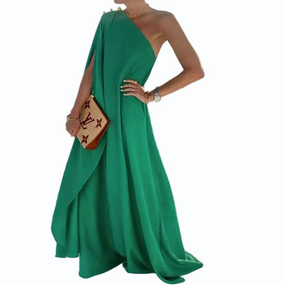 🍒One shoulder outfit plus size holiday dress floor length solid pleated loose fitting occasion wear holiday wear beach fashion women vacation party wear with scarf and side attach detail summer clothing Unleash Some Greech
