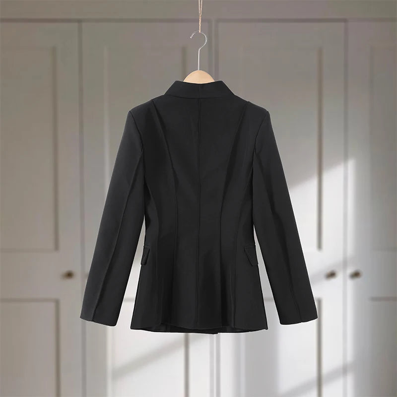🍒Casual black blazer and pants set long sleeve jacket with fitted waist and long kick flare solid straight pant set women spring autumn suits  ‘Well fit