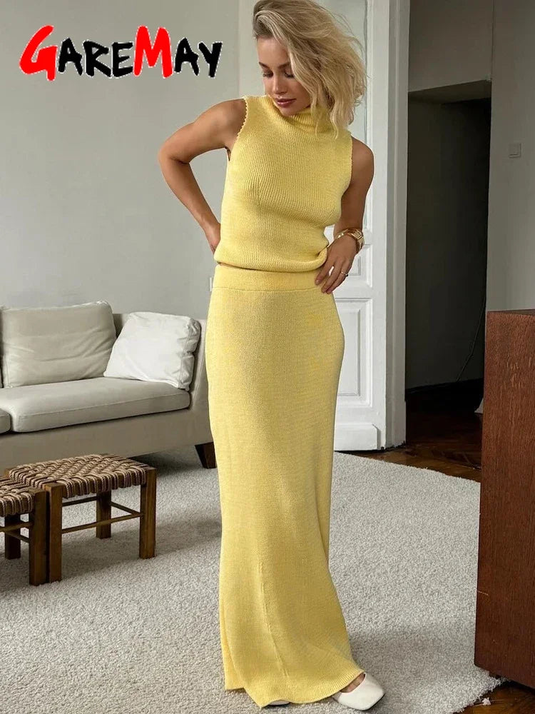 🍒Knitted summer suit crop top and skirt set for women elegant stylish straight skirt and top  Yellow maxi fashion smart casual clothes two-piece ocassion wear This Yellow Is Bananas