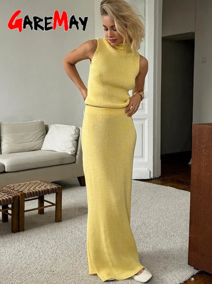 🍒Knitted summer suit crop top and skirt set for women elegant stylish straight skirt and top  Yellow maxi fashion smart casual clothes two-piece ocassion wear This Yellow Is Bananas