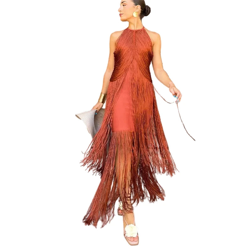 🍒Multi-layer tassel dress women's solid o-neck sleeveless cocktail dress elegant female fashion ball party outfit occasion wear club wear holiday beach party wear No Tossle Tassle