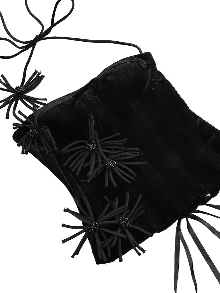 🍒Vroue se romp tweedelige stel halter-korsetboppie 3D-blomme-uitrusting korsetboppie met bypassende romp mini-veterrug bustier-pakke celebrity partytjiedrag COCK -ya TAIL Klere