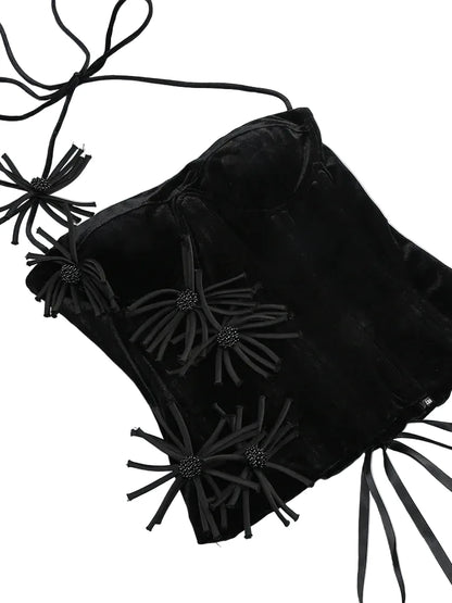 🍒Vroue se romp tweedelige stel halter-korsetboppie 3D-blomme-uitrusting korsetboppie met bypassende romp mini-veterrug bustier-pakke celebrity partytjiedrag COCK -ya TAIL Klere