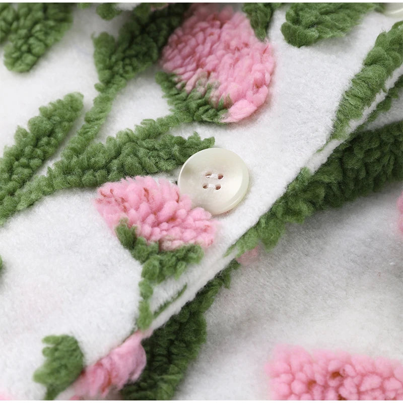 🍒Flower fleece jacket woman loose lapel long sleeve coat single breasted casual coat unique 3D floral outerwear clothing  Floral Fashion Fun Fleece